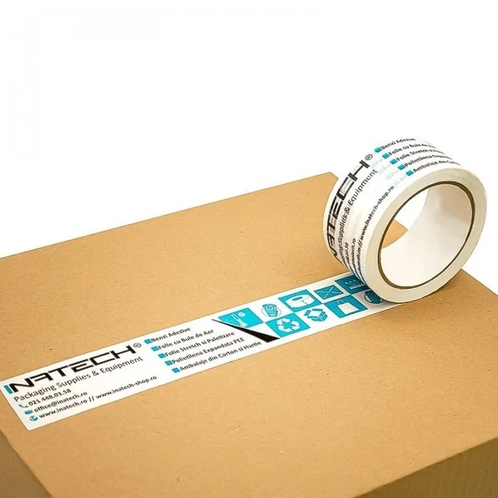 Banda Adeziva Personalizata Lungime 66 m, Numar Culori 3 Culori, Latime 48 mm, Tip Imprimare Sandwich, Buc / Pachet 720-Benzi...