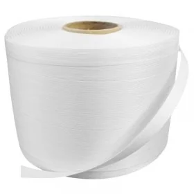 Banda De Legat Din Poliester Lungime 500 m, Latime 19 mm, Rezistenta La Rupere 725 kgf, Culoare Alb-Benzi Pentru Legare Si Pa...