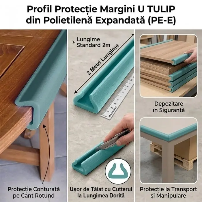 Profil Din Spuma PEE, U Tulip Lungime 2000 mm, Dimensiuni A-B-C-D 24 x 8 x 10 x 35 mm, Culoare Verde, Metri / Pachet 300-Poli...