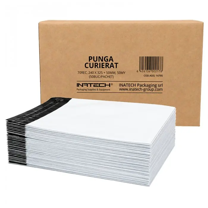 Pungi Curierat Standard A4, 240 x 325 mm, Clapeta 50 mm, Culoare Alb / Negru, Set 50 buc-Plicuri Si Pungi Curierat