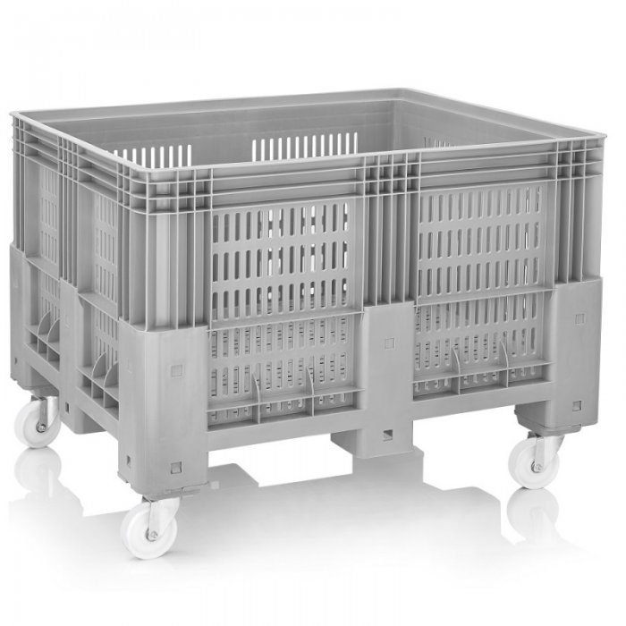 Boxpalet Perforat 1200 x 1000 x 760/960 mm, 4 Roti, Capacitate 600 L, Material PP Virgin, Gri-Lazi Pentru Transport