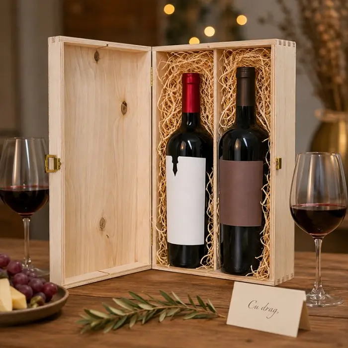 Cutie Din Lemn Pentru 2 Sticle De Vin Lungime 335 mm, Latime 185 mm, Inaltime 95 mm, Capac Cu balamale, Material Lemn, Culoar...