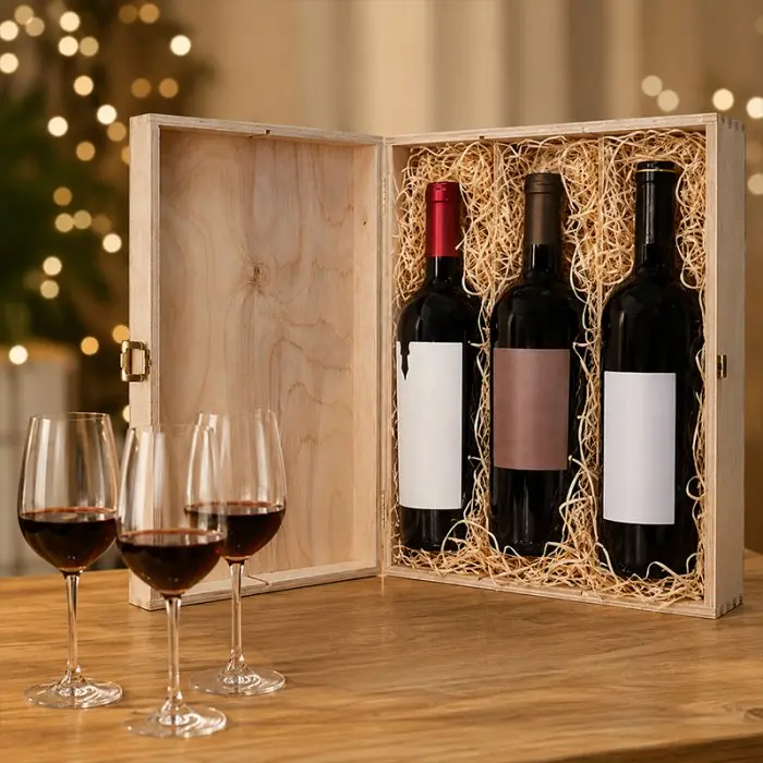 Cutie Din Lemn Pentru 3 Sticle De Vin Lungime 335 mm, Latime 270 mm, Inaltime 95 mm, Capac Cu balamale, Material Lemn, Culoar...