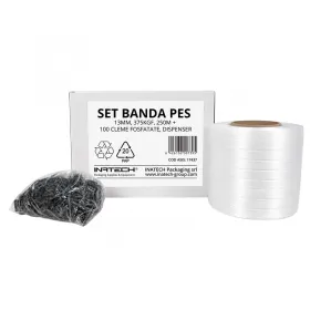 Set Banda PES 13 mm, 375 KGF, 250 m, Cutie Dispenser cu Derulare + 100 Cleme Fosfatate-Banda PES
