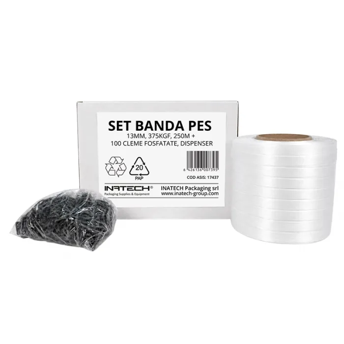 Set Banda PES 13 mm, 375 KGF, 250 m, Cutie Dispenser cu Derulare + 100 Cleme Fosfatate-Banda PES