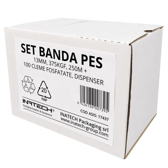 Set Banda PES 13 mm, 375 KGF, 250 m, Cutie Dispenser cu Derulare + 100 Cleme Fosfatate-Banda PES
