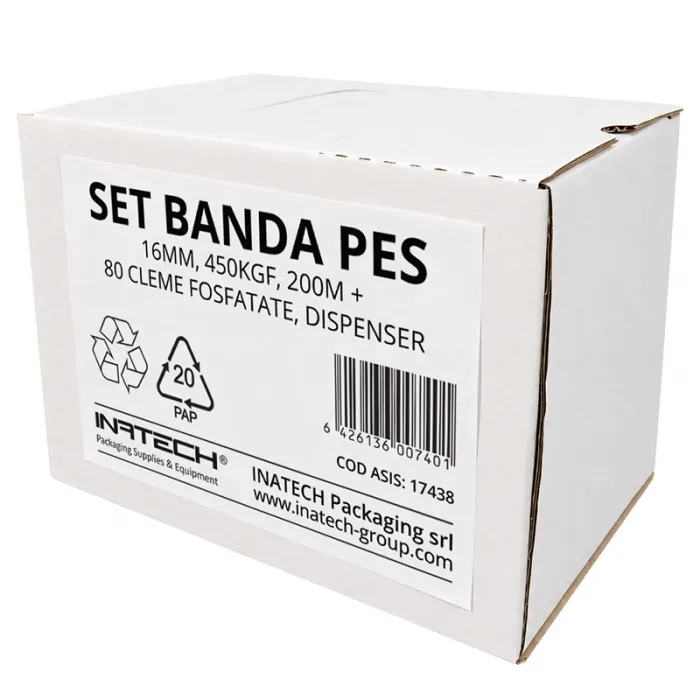 Set Banda PES 16 mm, 450 KGF, 200 m, Cutie Dispenser cu Derulare + 80 Cleme Fosfatate-Banda PES