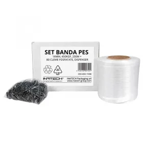 Set Banda PES 16 mm, 450 KGF, 200 m, Cutie Dispenser cu Derulare + 80 Cleme Fosfatate-Banda PES