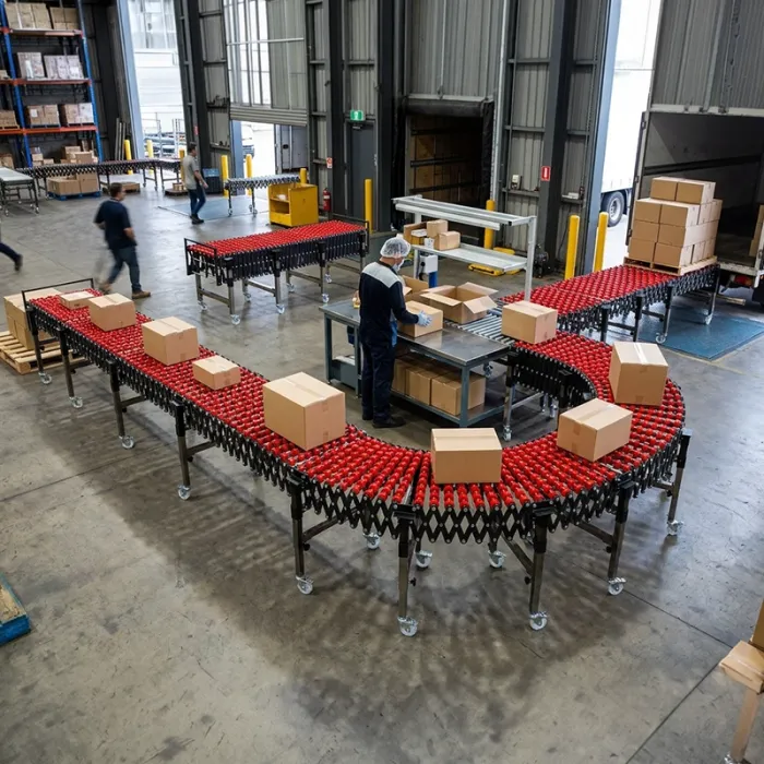 Conveior Pliabil Cu Role Si Roti, Lungime variabila 1200-4500 mm, Latime 500 mm-Accesorii Masini Pentru Ambalat Colete