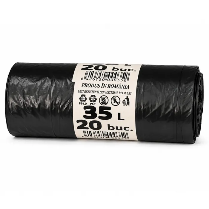 Saci Menajeri Din LDPE Reciclat Tip Sac Subtire, Litri 35, Grosime 15 my, Dimensiuni 500x600 mm, Culoare Negru, Saci/Rola 20-...