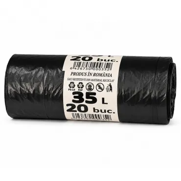 Saci Menajeri Din LDPE Reciclat Tip Sac Subtire, Litri 35, Grosime 15 my, Dimensiuni 500x600 mm, Culoare Negru, Saci/Rola 20
