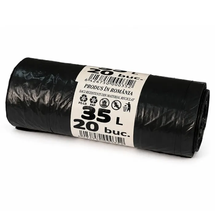 Recycled LDPE Thin Garbage Bags, 35 Liters, Thickness 15 my, Dimensions 500x600 mm, Black, 20 Bags/Roll