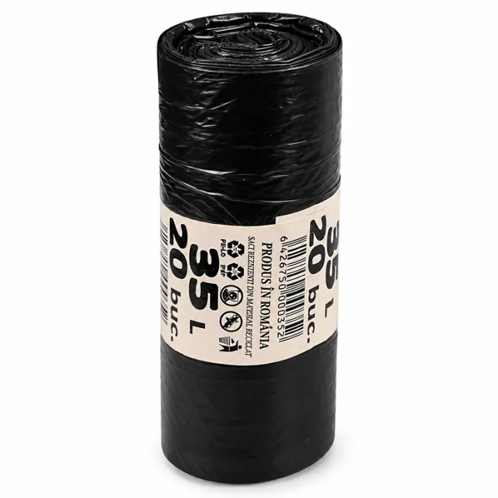 Saci Menajeri Din LDPE Reciclat Tip Sac Subtire, Litri 35, Grosime 15 my, Dimensiuni 500x600 mm, Culoare Negru, Saci/Rola 20-...