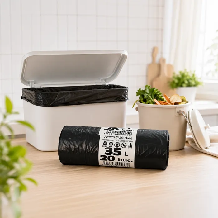 Saci Menajeri Din LDPE Reciclat Tip Sac Subtire, Litri 35, Grosime 15 my, Dimensiuni 500x600 mm, Culoare Negru, Saci/Rola 20-...