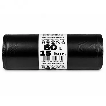 Saci Menajeri Din LDPE Reciclat Tip Sac Subtire, Litri 60, Grosime 18 my, Dimensiuni 600x700 mm, Culoare Negru, Saci/Rola 15