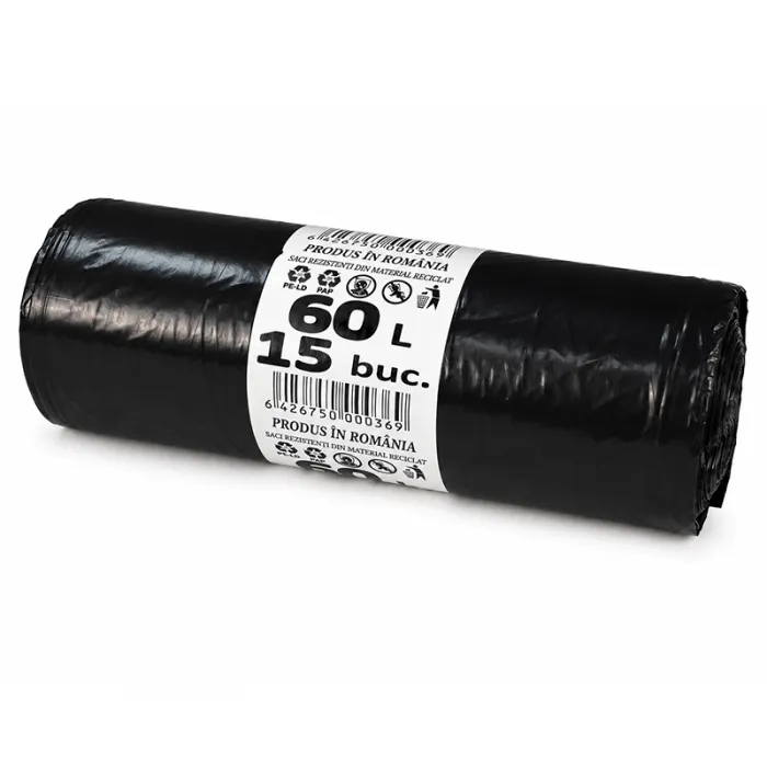Saci Menajeri Din LDPE Reciclat Tip Sac Subtire, Litri 60, Grosime 18 my, Dimensiuni 600x700 mm, Culoare Negru, Saci/Rola 15-...