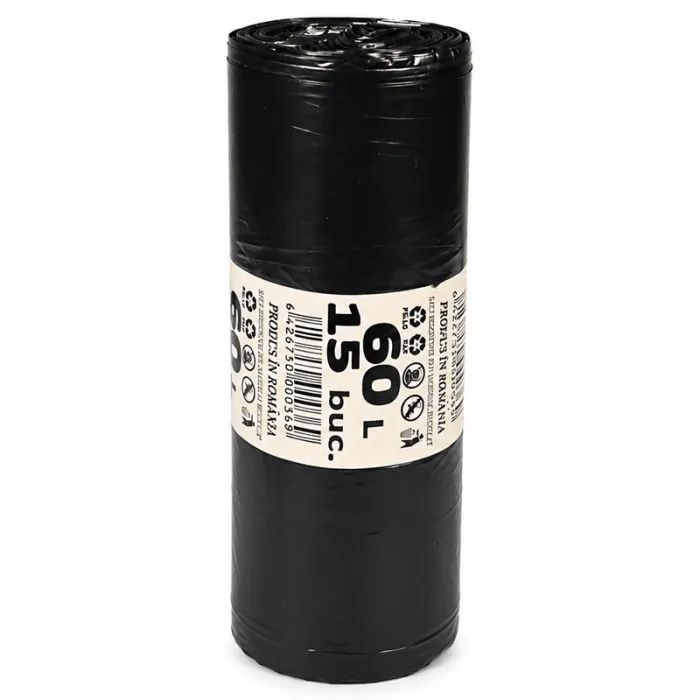 Saci Menajeri Din LDPE Reciclat Tip Sac Subtire, Litri 60, Grosime 18 my, Dimensiuni 600x700 mm, Culoare Negru, Saci/Rola 15-...