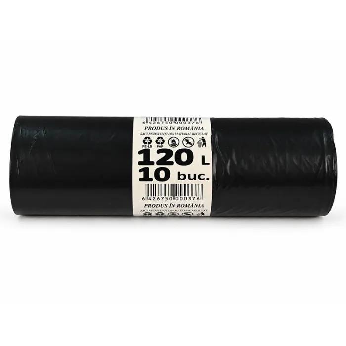 Saci Menajeri Din LDPE Reciclat Tip Sac Gros, Litri 120, Grosime 25 my, Dimensiuni 700 x 1060 mm, Culoare Negru, Saci/Rola 10...