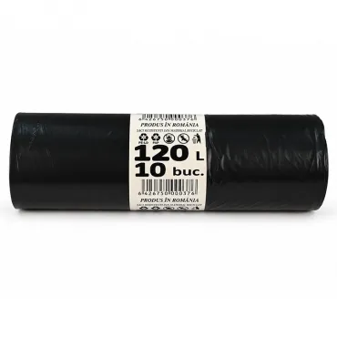 Saci Menajeri Din LDPE Reciclat Tip Sac Gros, Litri 120, Grosime 25 my, Dimensiuni 700 x 1060 mm, Culoare Negru, Saci/Rola 10