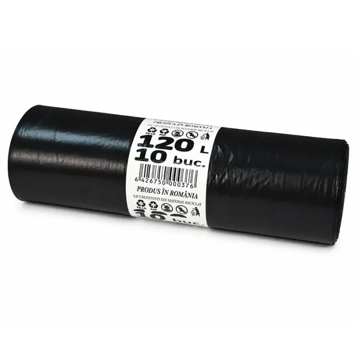 Saci Menajeri Din LDPE Reciclat Tip Sac Gros, Litri 120, Grosime 25 my, Dimensiuni 700 x 1060 mm, Culoare Negru, Saci/Rola 10...