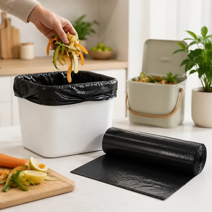Saci Menajeri Din LDPE Reciclat Tip Sac Gros, Litri 120, Grosime 25 my, Dimensiuni 700 x 1060 mm, Culoare Negru, Saci/Rola 10...