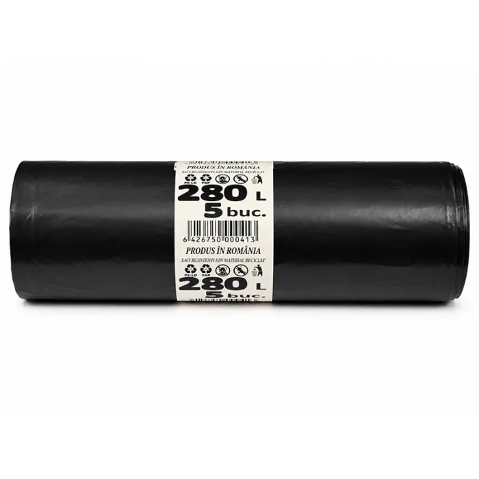 Saci Menajeri Din LDPE Reciclat Tip Sac Gros, Litri 280, Grosime 35 my, Dimensiuni 1200 x 1450 mm, Culoare Negru, Saci/Rola 5...