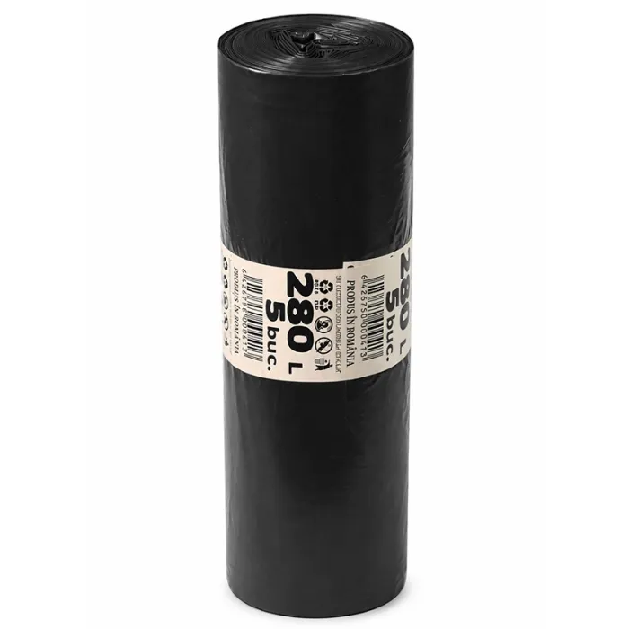 Saci Menajeri Din LDPE Reciclat Tip Sac Gros, Litri 280, Grosime 35 my, Dimensiuni 1200 x 1450 mm, Culoare Negru, Saci/Rola 5...