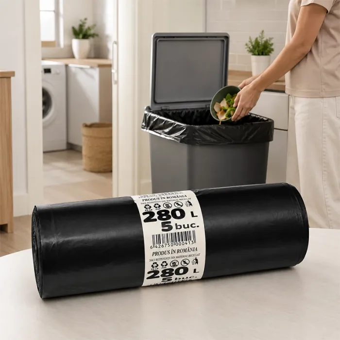 Saci Menajeri Din LDPE Reciclat Tip Sac Gros, Litri 280, Grosime 35 my, Dimensiuni 1200 x 1450 mm, Culoare Negru, Saci/Rola 5...