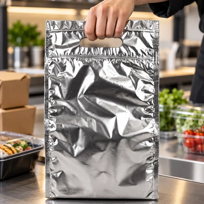Punga Termoizolanta Cu Fermoar Isothermal Pouch Dimensiuni 200 X 250 mm, Clapeta 70 mm, Culoare Argintiu, Tip Cu Maner si Zip...